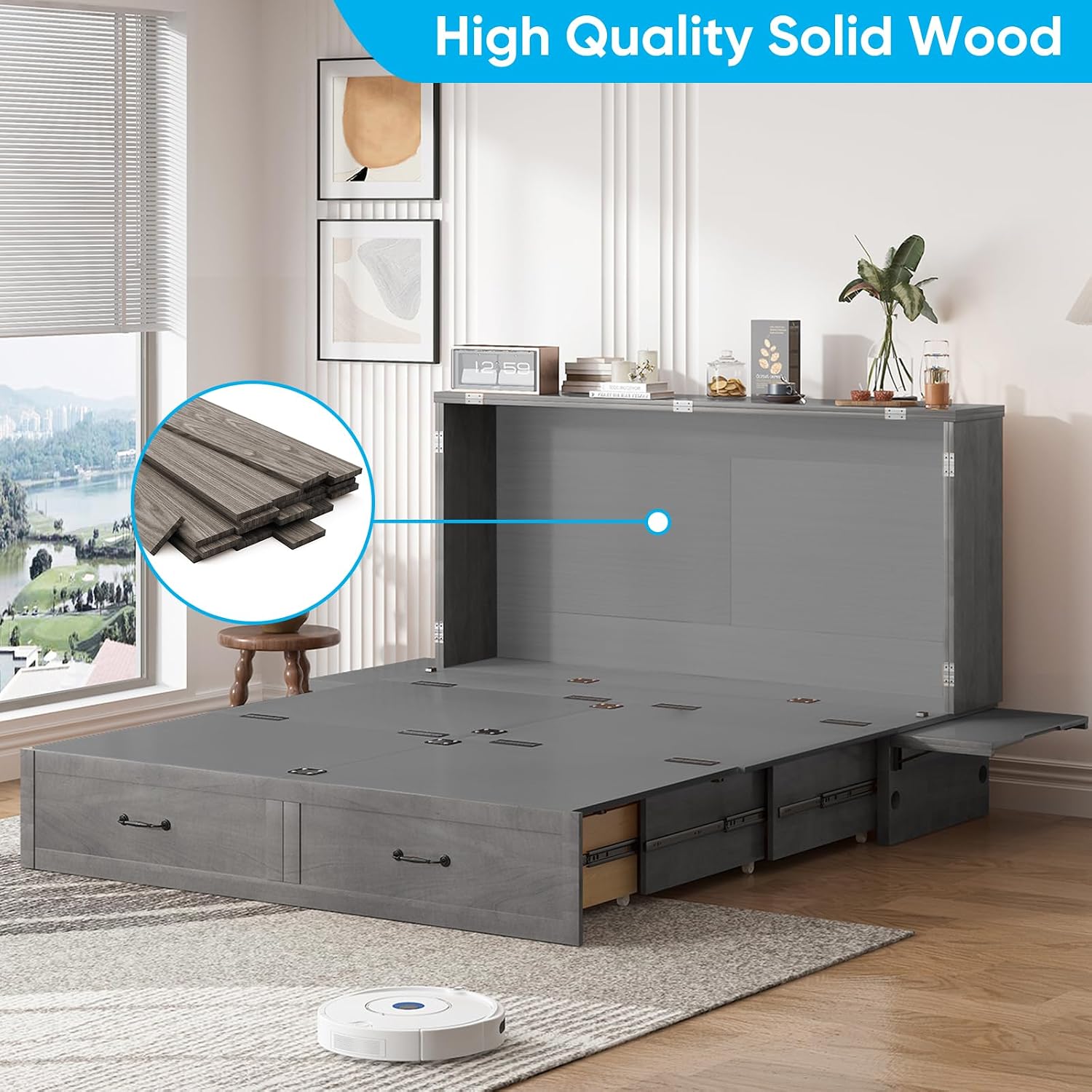 Mjkone Murphy Cabinet Bed, Queen Size No Mattress, Grey | Foldable Mattress, Guest Cabinet Murphy Beds with USB Ports, Cube Cabinets Chest Wall Beds with Drawers