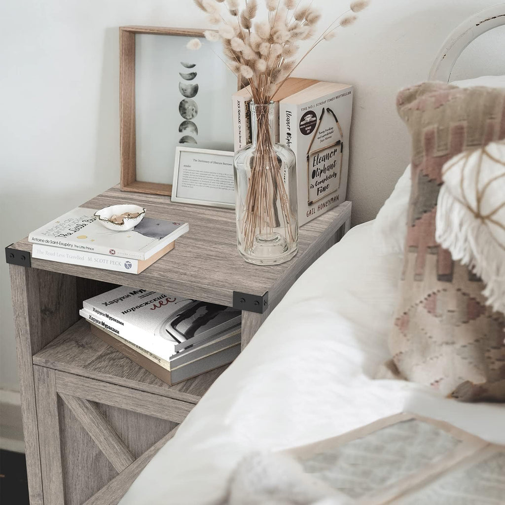 Farmhouse End Table, Nightstand with Barn Door and Shelf,Grey Wash | End Tables,Wooden Sofa Side Table, Modern Bed Side Table Rustic Nightstands, Bedroom, Living Room