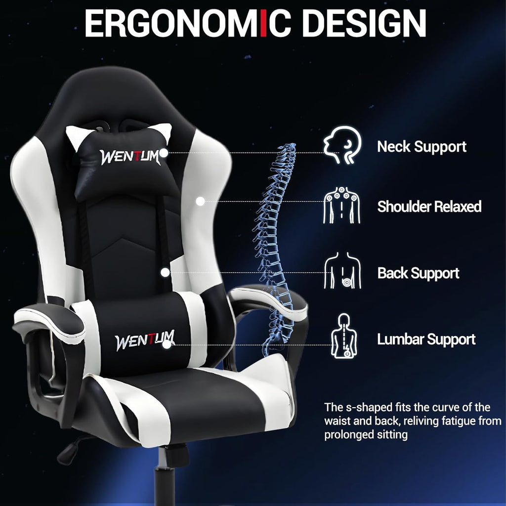 Ergonomic Massage Gaming Chair for Kids Adults, Comfy PU Leather Office Desk Chair with Adjustable Headrest Lumbar Support 360 Swivel, White