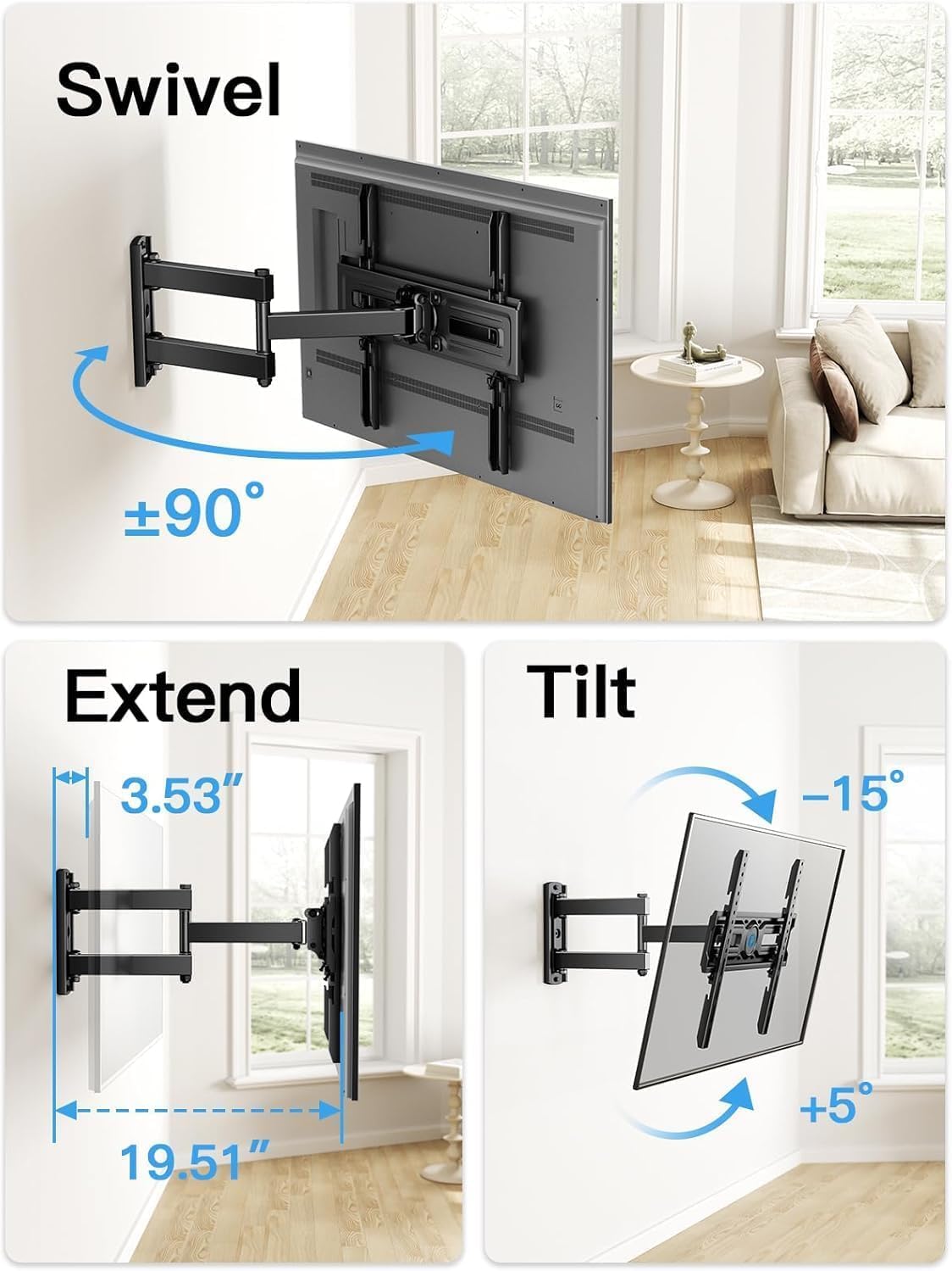 Pipishell Full Motion TV Wall Mount for Most 26-65 inch Flat & Curved TVs up to 77 lbs, Adjustable Bracket Height, Corner TV Mount with Single Articulating Arm, Max VESA 400x400mm, PIMF9