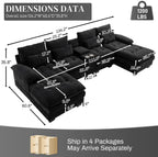 134"U Shaped Sectional Couches for Living Room,Oversized Modular Sectional Fluffy Couch with Chaise Lounge & Tufted Buttons,Modern Chenille 6 Seat Living Room Sofa Set with Storage Console,Black