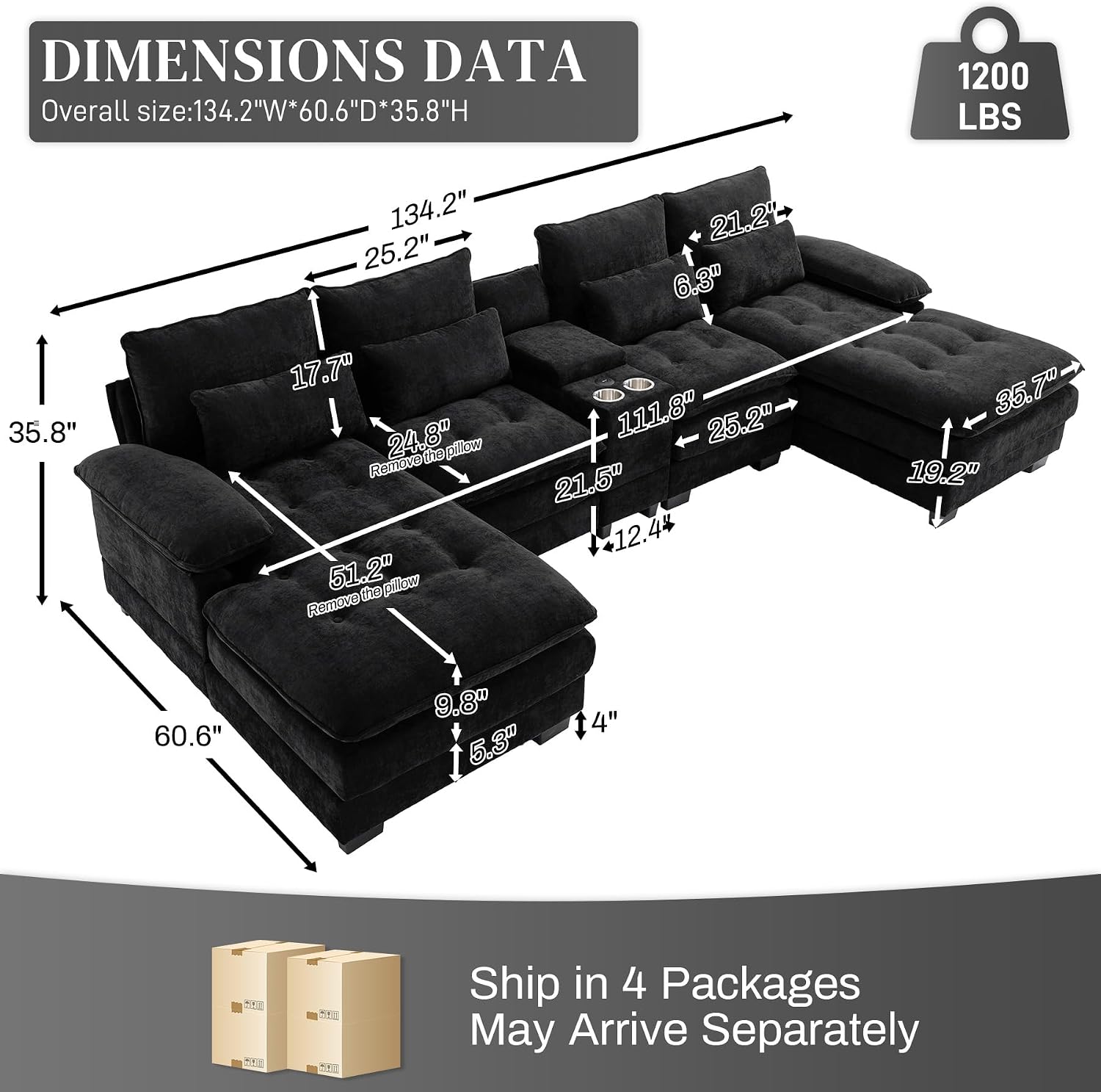 134"U Shaped Sectional Couches for Living Room,Oversized Modular Sectional Fluffy Couch with Chaise Lounge & Tufted Buttons,Modern Chenille 6 Seat Living Room Sofa Set with Storage Console,Black
