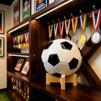Football Display Stand – Natural Wood Ball Stand for Footballs, Basketballs, Soccer Balls, Memorabilia & Sports Collectibles, Bamboo Ball Holder for Desk Shelf