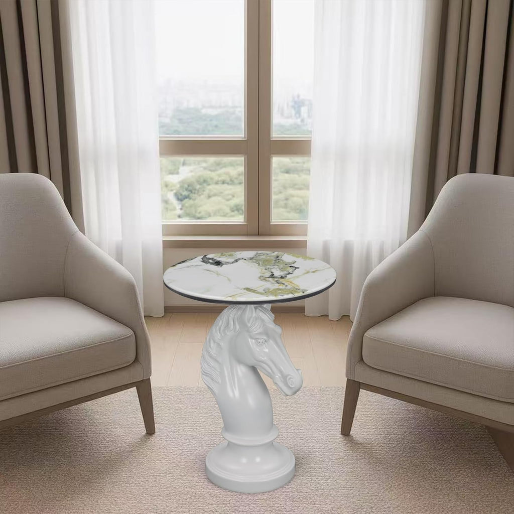 Horse Head Accent Table, Animal Statue End Table for Living Room, Decorative White Sculpture Side Table with Smooth Ceramic Finish, Compact Nightstand for Bedroom or Sofa Corner