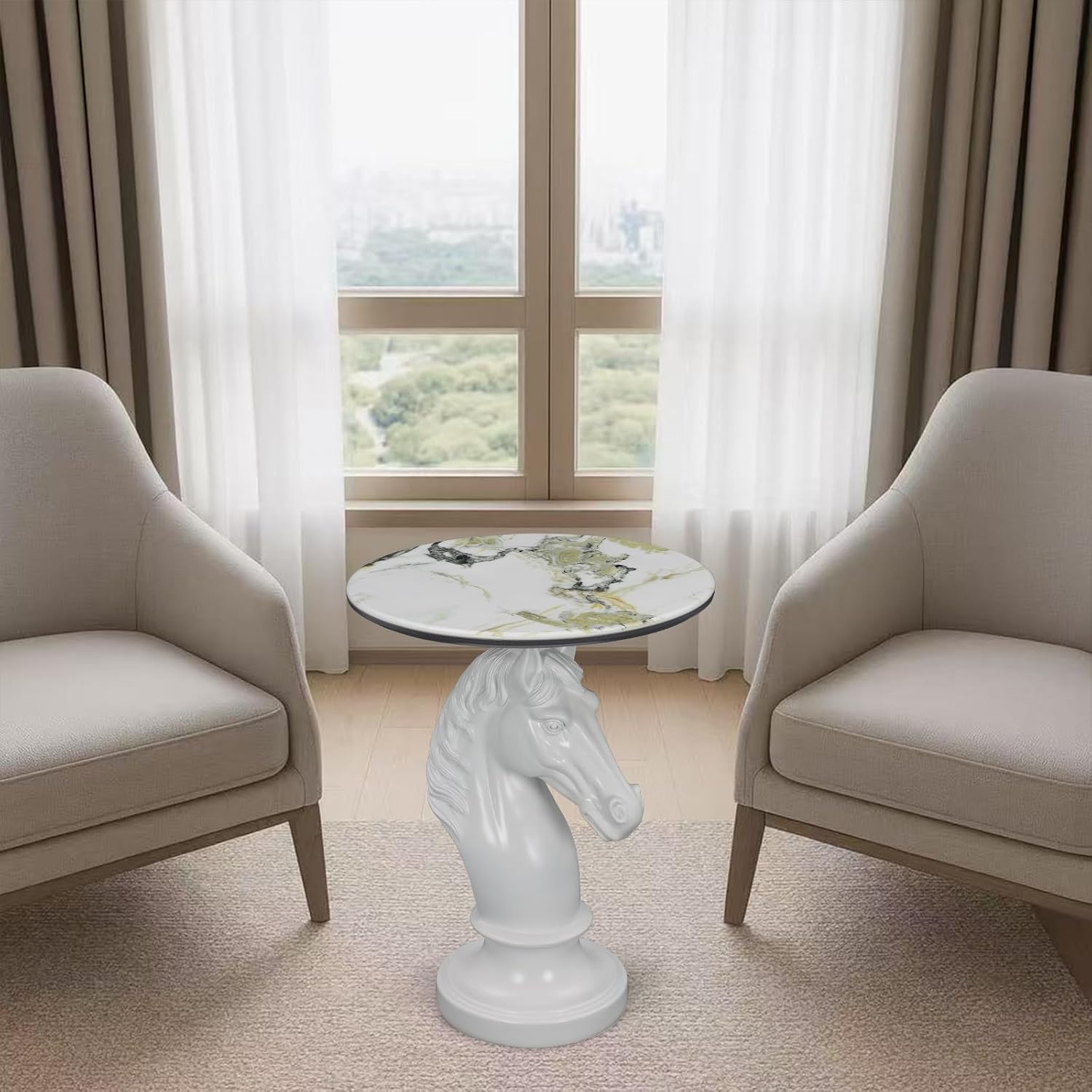 Horse Head Accent Table, Animal Statue End Table for Living Room, Decorative White Sculpture Side Table with Smooth Ceramic Finish, Compact Nightstand for Bedroom or Sofa Corner