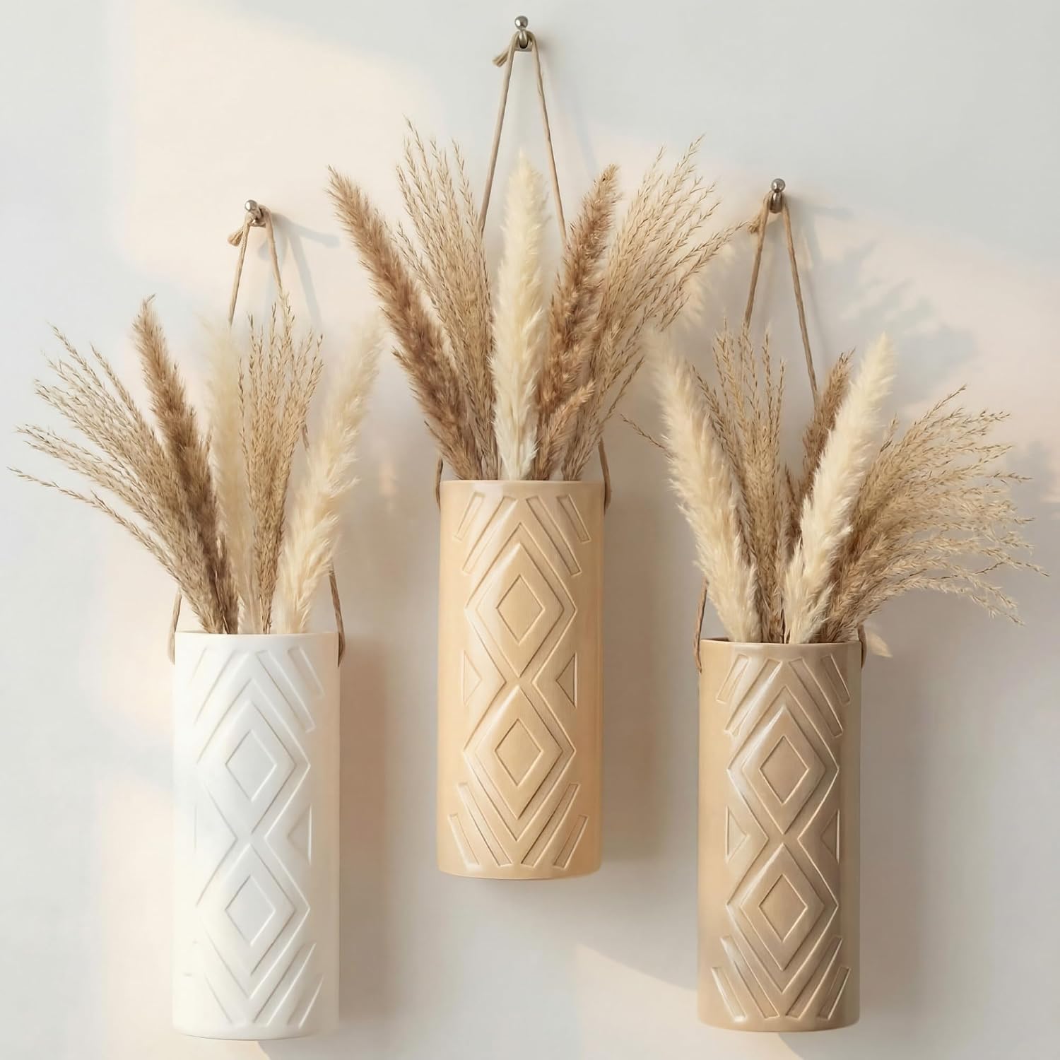 Ceramic Boho Wall Vases Set of 3, 7.9 Inch Modern Hanging Vase for Living Room Bedroom, Farmhouse Art Wall Decor Geometric Minimalist Hanging Flower Vase, Women