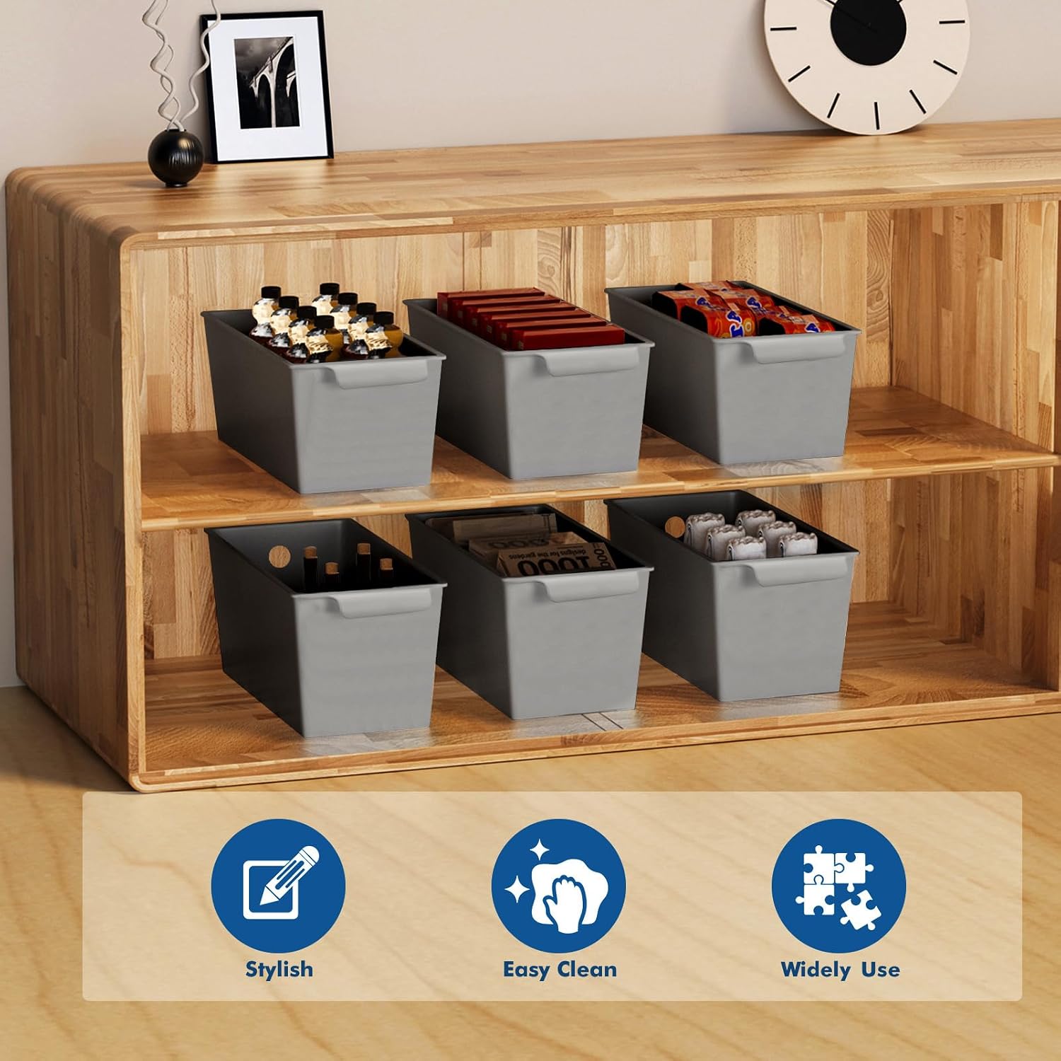 Plastic Storage Bins 6 Pack, Front Handle Design, 11"x5" Pantry Organization and Storage Open Top Baskets for Shelves Closet Cabinet Sink Counter Cupboard Drawer Rridge (Gray)