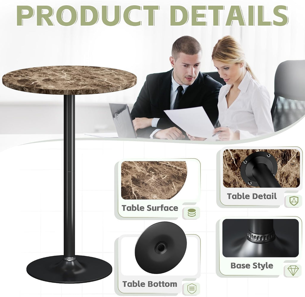 Flamaker Round Bistro Pub Table Modern Style Metal Base MDF Top Cocktail Bar Table Counter Bar Height for Pub, Dining Room, Party (2, Marble-Black)
