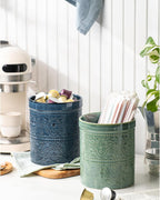 Kitchen Utensil Holder, 7 Inches Large Ceramic Utensil Holder for Countertop, Lace Emboss Cooking Utensil Crocks for Kitchen, Home Decor, Reactive Blue