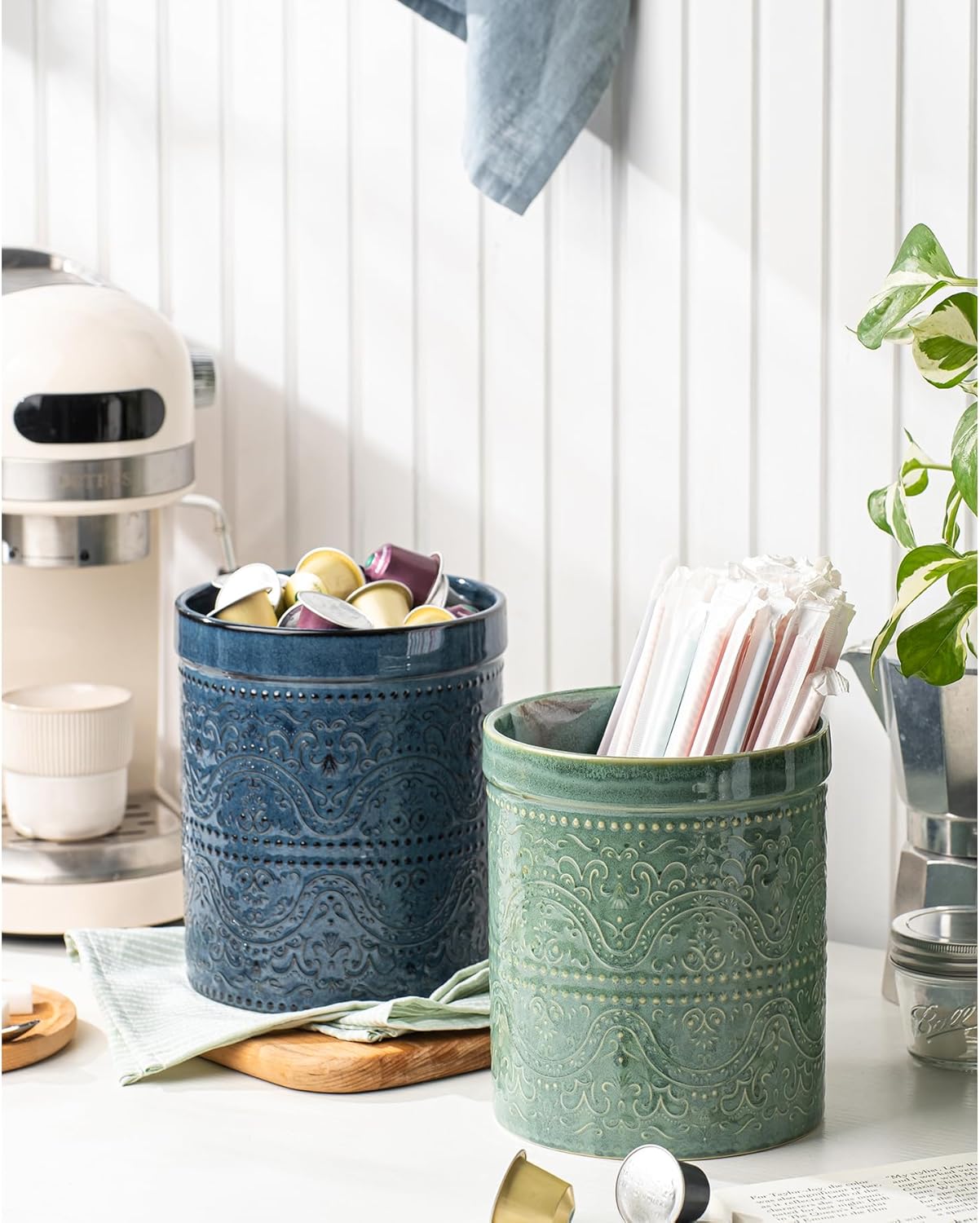 Kitchen Utensil Holder, 7 Inches Large Ceramic Utensil Holder for Countertop, Lace Emboss Cooking Utensil Crocks for Kitchen, Home Decor, Reactive Blue