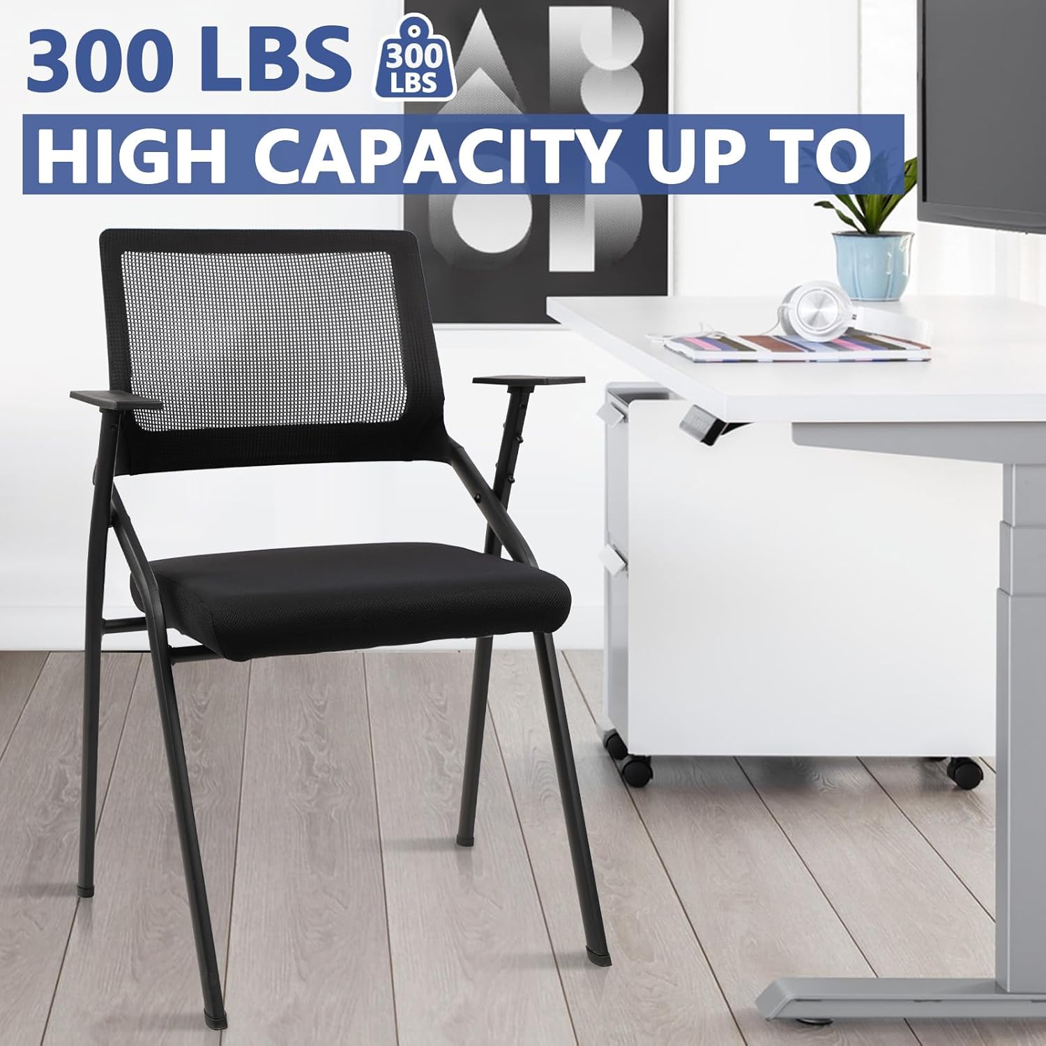 CLATINA Stackable & Foldable Office Chairs with Ergonomic Lumbar Support and Thickened Seat Cushion, Folding Mesh Fabric Reception Guest Chair for School Church Conference Waiting Room Black (2 pk)