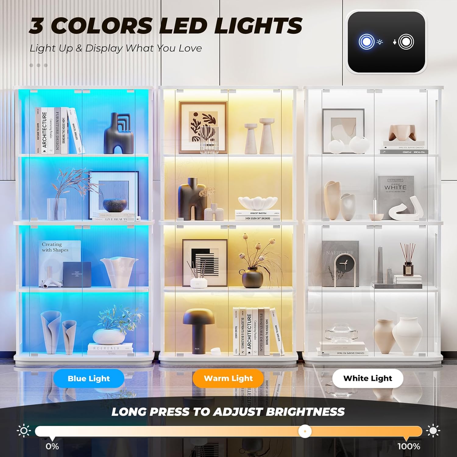 BROTTAR Rounded Display Cabinet with Glass Door, 4-Tier Curio Cabinet with Transparent Full-Display Surface, Glass Display Case with 3 Color Lights for Collectibles, Human Body Sensor, White