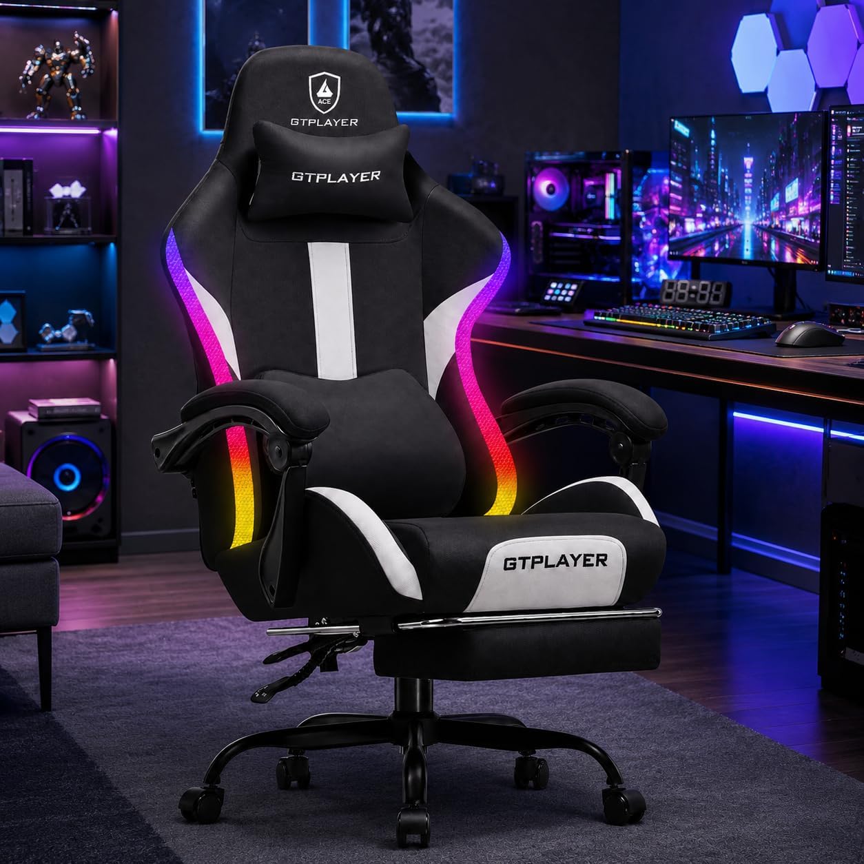 GTPLAYER Fabric Gaming Chair with Footrest, LED Lights, Comfy Chair | Ergonomic Computer Chair, Linkage Armrest, Breathable Fabric for Home Office Desk, Video Game Chairs for Adults