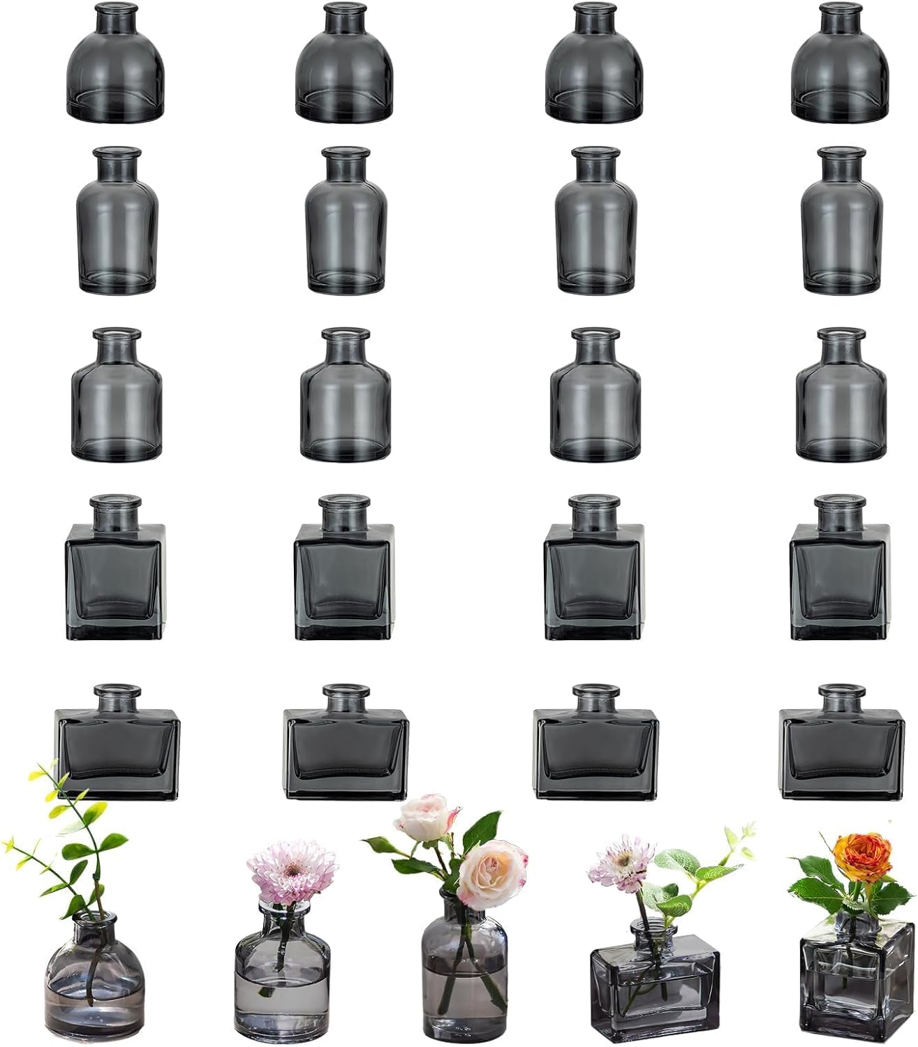 Glasseam Mini Bud Vases for Centerpieces: Clear Small Flower Vase Set of 20 Cute Tiny Glass Table Centerpieces Modern Wedding Birthday Party Baby Shower Dining Room Decoration Black Grey