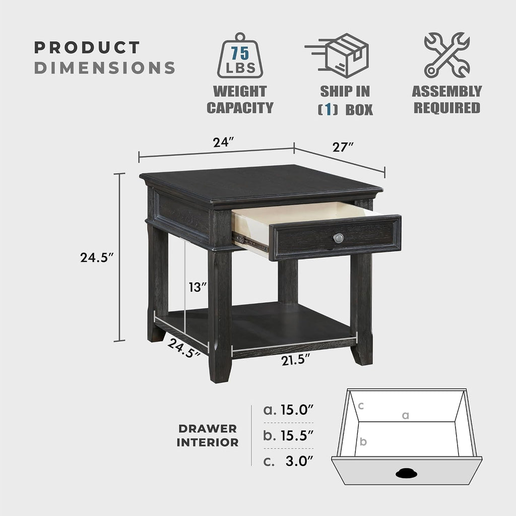 Lexicon Mid Century Modern 24" x 27" End Table with Storage, Wood Side Table with USB Charging Ports and Outlet, 1 Dovetail Drawer and Open Storage Shelf for Living Room/Bedroom, Charcoal