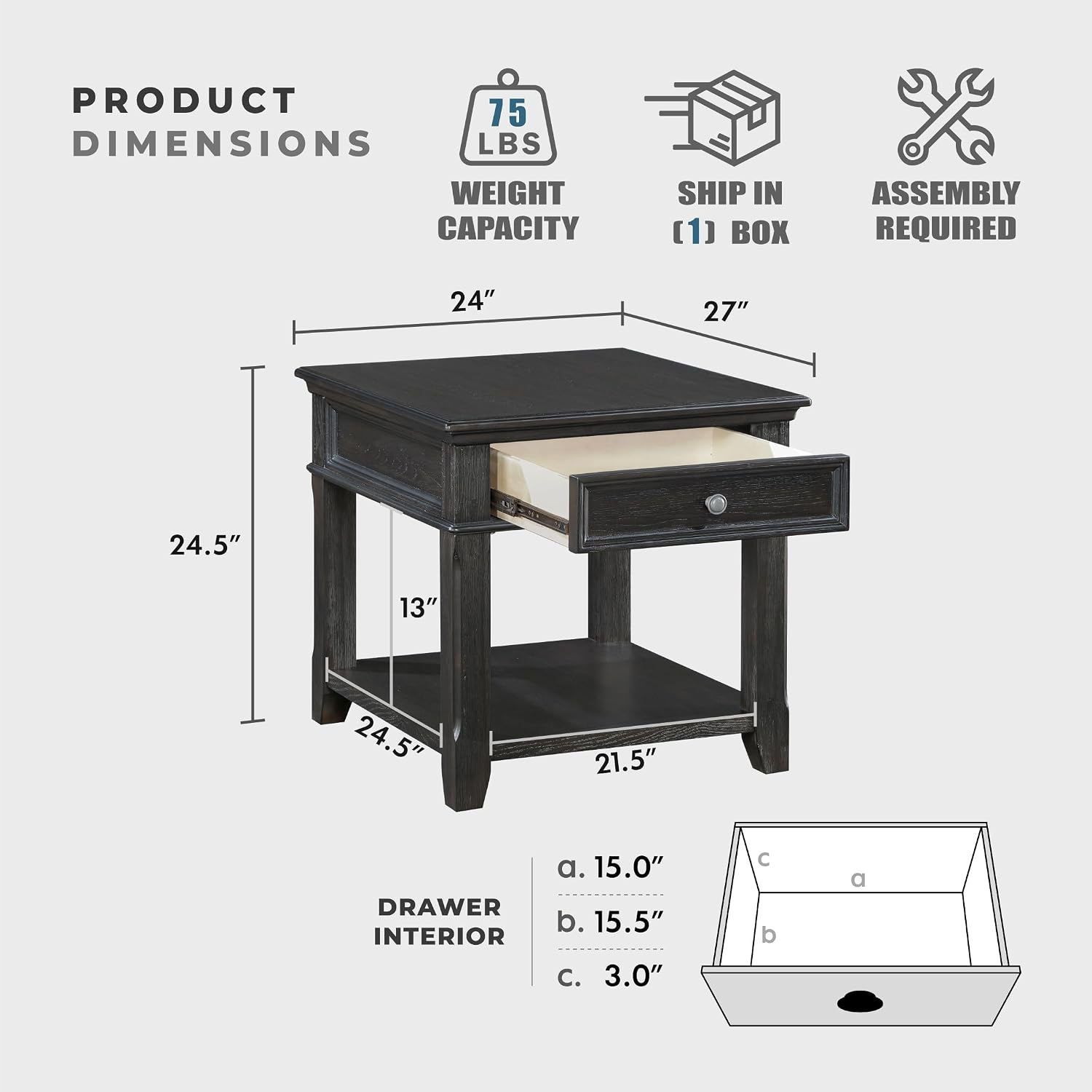 Lexicon Mid Century Modern 24" x 27" End Table with Storage, Wood Side Table with USB Charging Ports and Outlet, 1 Dovetail Drawer and Open Storage Shelf for Living Room/Bedroom, Charcoal