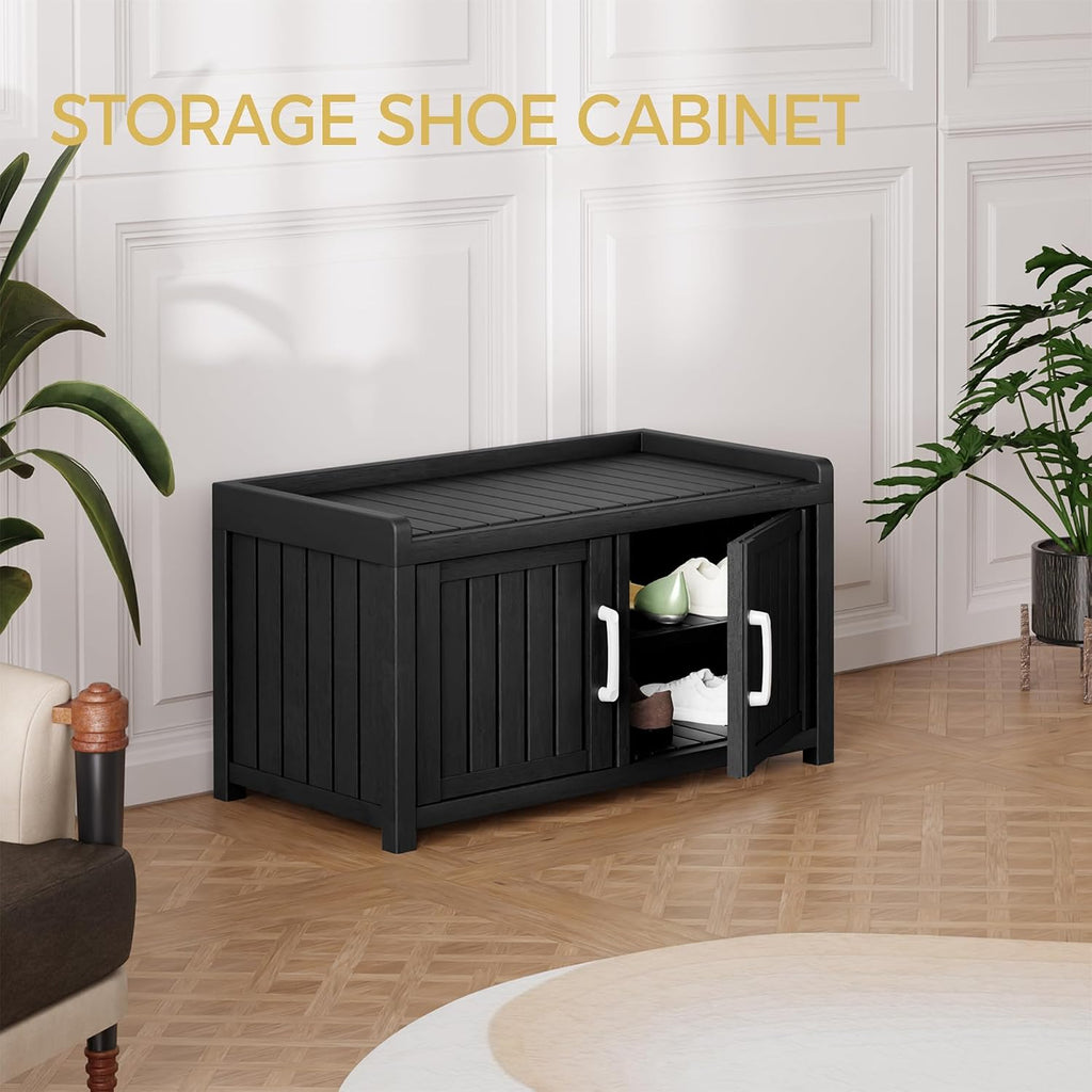 Storage Bench - 2 Doors Waterproof Resin Shoe Bench with Adjustable Shelves - Indoor & Outdoor Use, Entryway Bench with Seating for Bedroom, Living Room, Hallway - Black