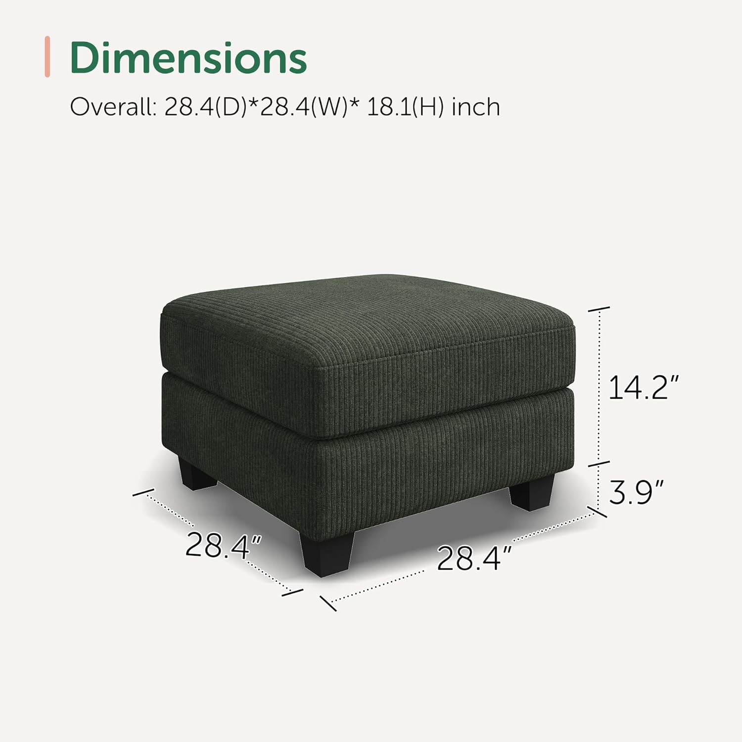 HONBAY Modern Corduroy Ottoman Module Sofa, 28.4 Inch Square Ottoman Bench with Storage, Green