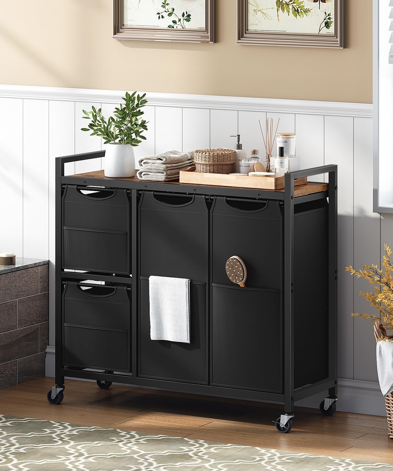 HOOBRO Laundry Sorter with 4 Section, 34 Gal. (127 L) Laundry Hamper with Wheels, Rolling Laundry Basket with Shelf, Pull-Out Detachable Bags, Side Pockets, Rustic Brown and Black BF14XY01N1
