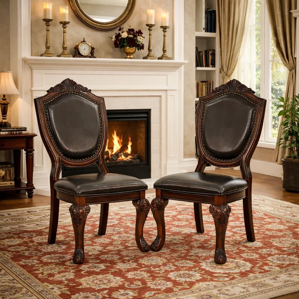 Dining Chairs Set of 6 – Antique Style Leather Dining Room Chairs with Solid Wood Legs and Rivet Decor, Ideal for Kitchen, Bedroom, Living Room (Brown armless)