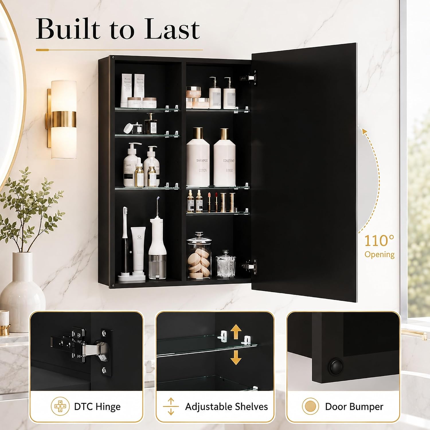 Medicine Cabinet with Mirror, 16 x 24 Frameless Beveled Bathroom Mirror with Storage, Aluminum Recessed or Wall Mount Medicine Cabinet, 6 Adjustable Shelves for Tall Bottles, DTC Soft Close