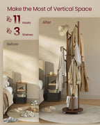 VASAGLE Freestanding Coat Rack Stand, Coat Tree with 11 Hooks, 3 Shelves, 4 Removable 360° Swivel Wheels, Wooden Hooks and Poles, for Entryway, Bedroom, Living Room, Walnut Brown URCR023K01