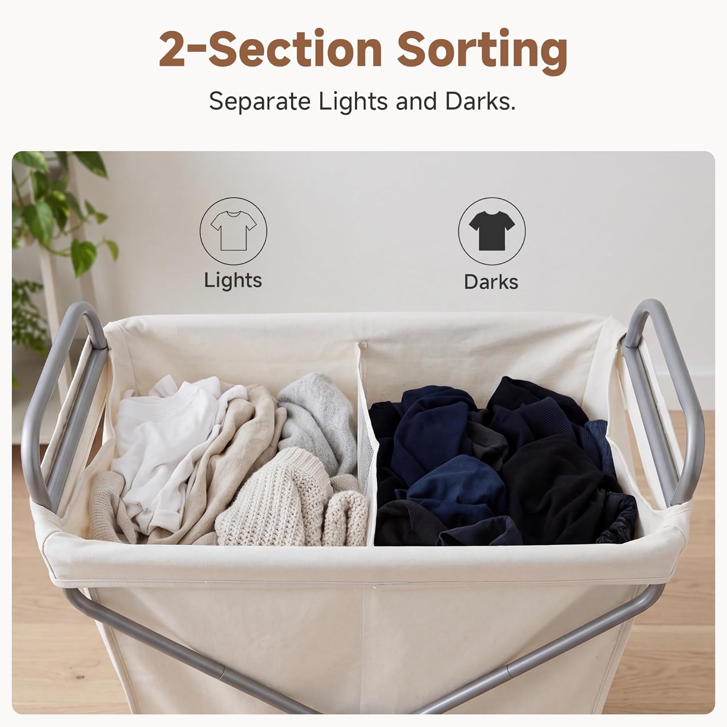 StorageWorks 2-Section Laundry Basket with Wheels, 160L Laundry Hamper with Removable Bag and Handles, Laundry Sorter Cart for Storage and Organizer, Beige