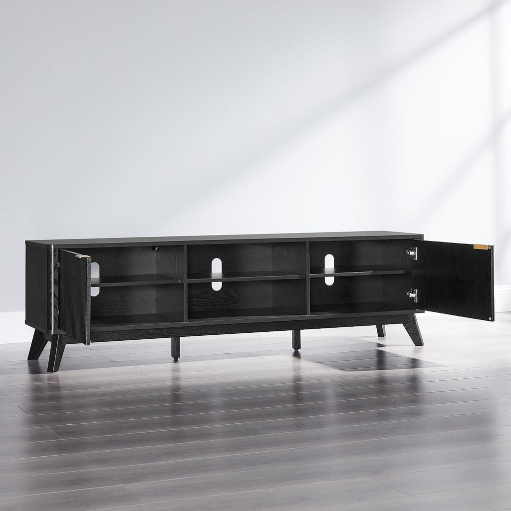 OKD 70" Mid Century Modern Fluted TV Stand, Entertainment Center, Sideboard, Media Console for Living Room with 2 Soft Close Door/Adjustable Shelves (Black Oak)