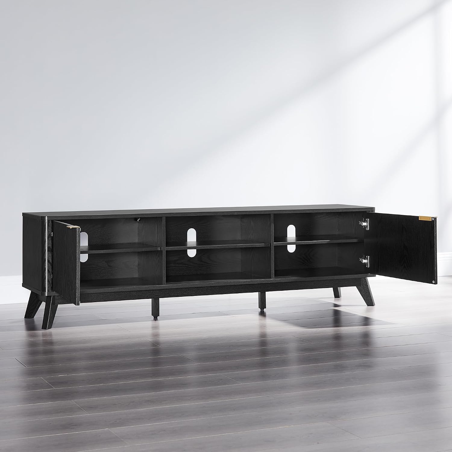 OKD 70" Mid Century Modern Fluted TV Stand, Entertainment Center, Sideboard, Media Console for Living Room with 2 Soft Close Door/Adjustable Shelves (Black Oak)