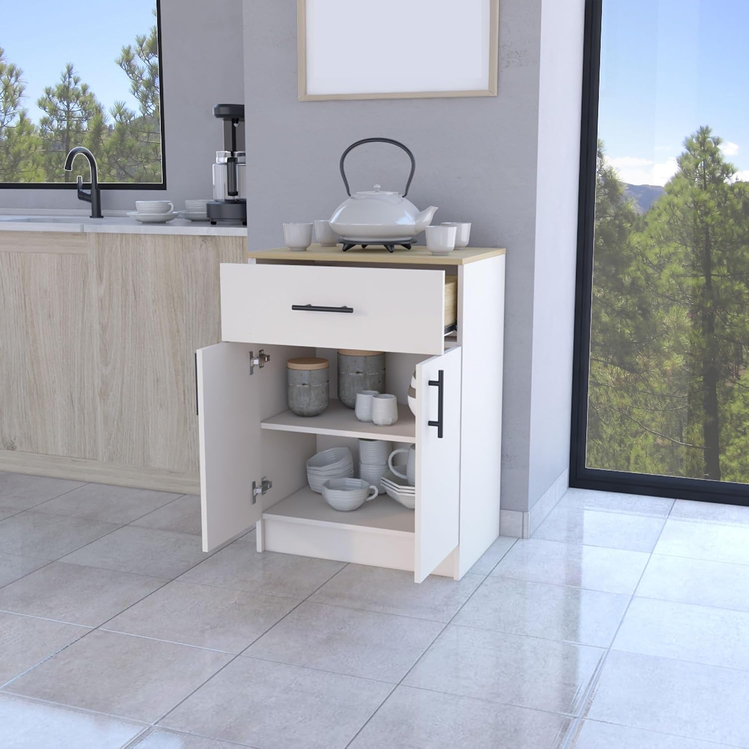 Cope Kitchen Pantry in Melamine with 2 Doors and 1 Drawer, Ivory/Natural Oak,for Kitchen
