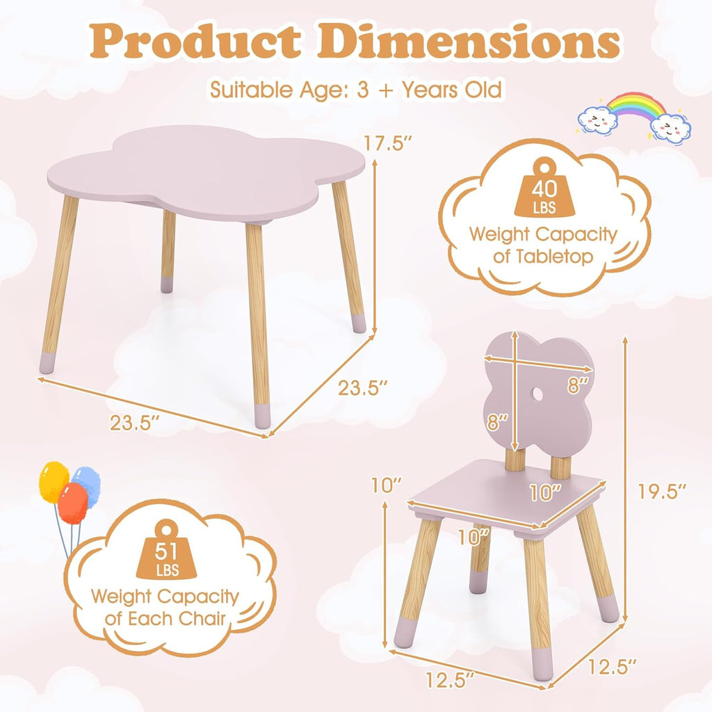 Costzon Kids Table and Chairs, Wooden Toddler Desk Set for Play, Art, Craft, Reading, Learning and Eating, Multi-Activity Table and Chairs for Classroom Daycare Home (Pink, Flower-Shaped)