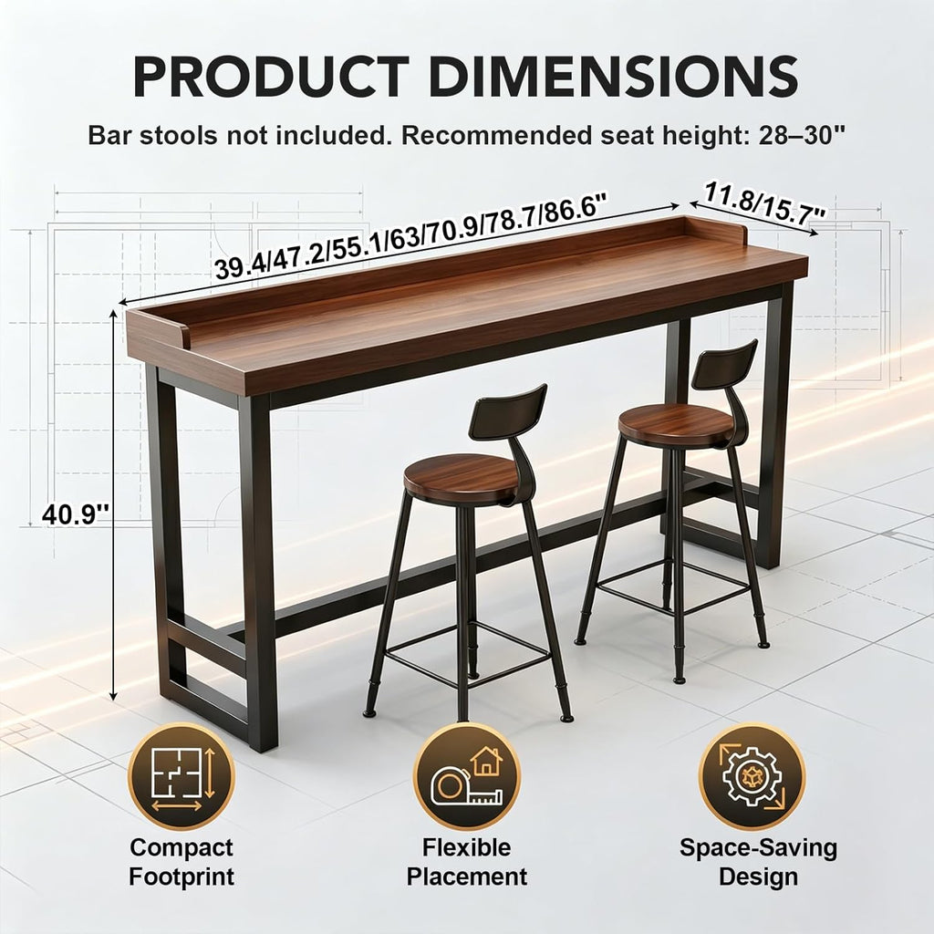 Narrow Bar Table with Edge Panel, Bar Height Tables Solid Wood, Industrial Rectangular Counter Height Table, Long Pub Tables for Small Space Living Room, Behind Couch or Coffee Shop