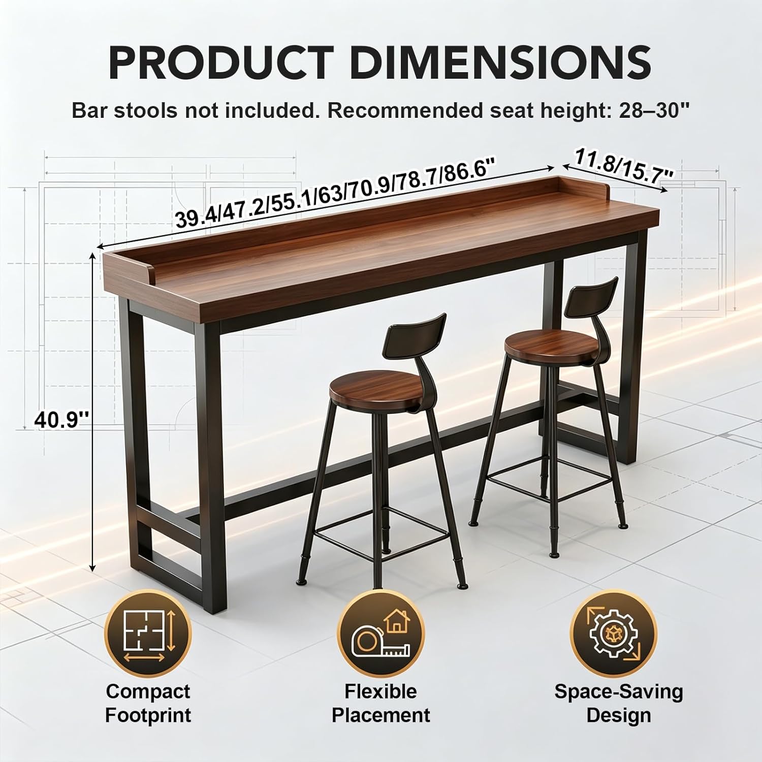 Narrow Bar Table with Edge Panel, Bar Height Tables Solid Wood, Industrial Rectangular Counter Height Table, Long Pub Tables for Small Space Living Room, Behind Couch or Coffee Shop