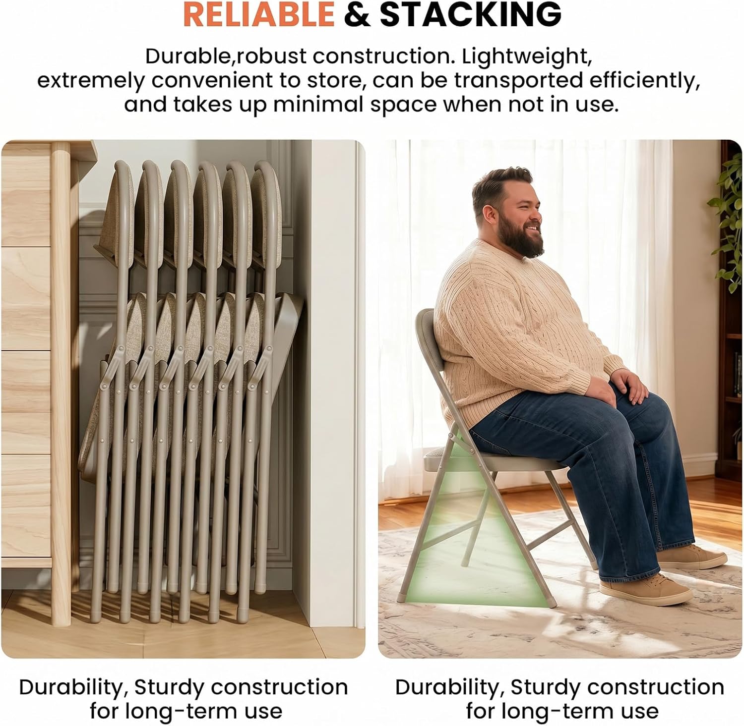 6 Pack Folding Chairs, Fabric Dining Chair Set with Padded Cushion and Back, Indoor Outdoor Seat for Home Office, Parties, Events, Wedding, Extra Guest Seating, Desert Khaki