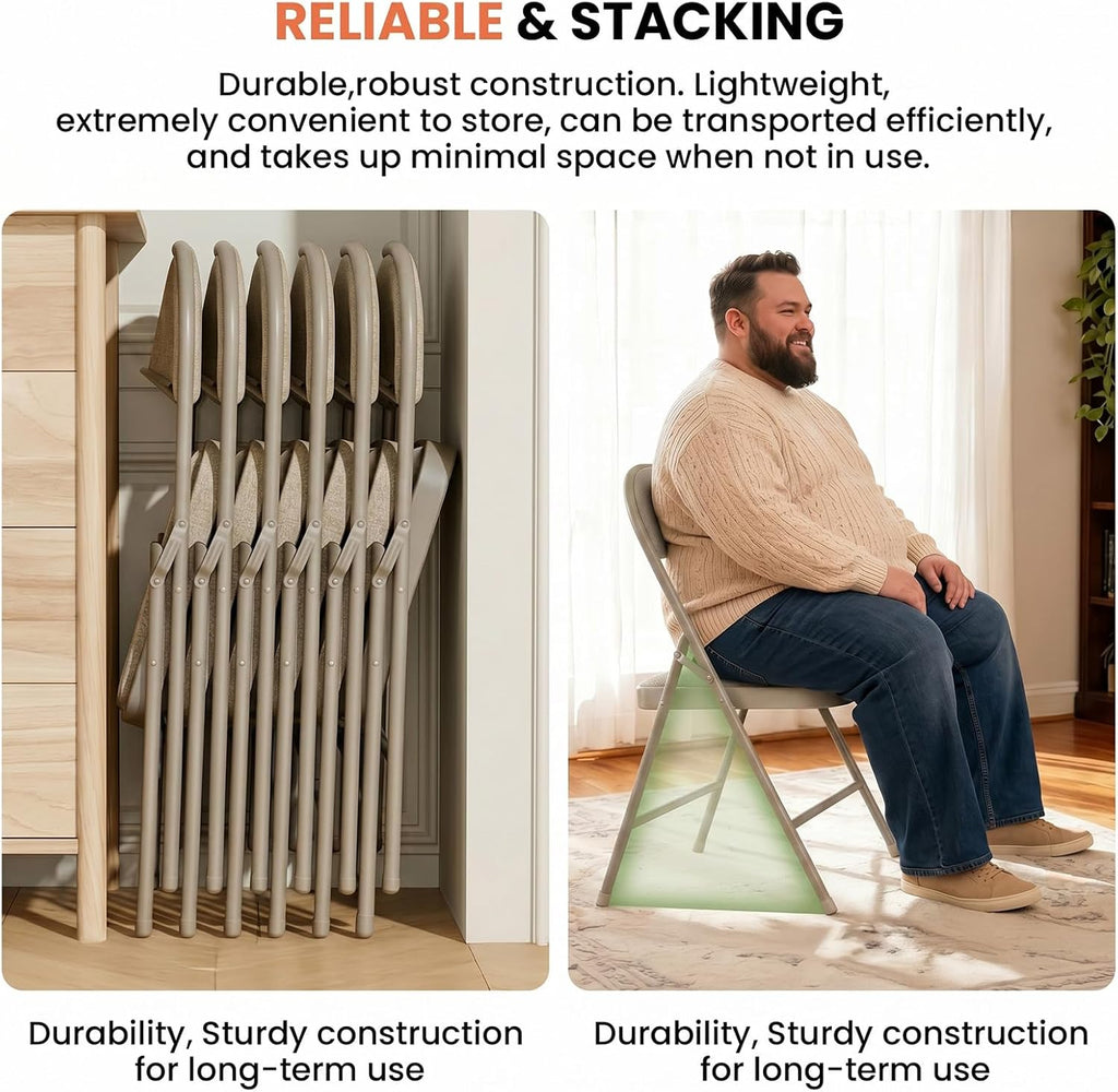12 Pack Folding Chairs, Fabric Dining Chair Set with Padded Cushion and Back, Indoor Outdoor Seat for Home Office, Parties, Events, Wedding, Extra Guest Seating, Desert Khaki