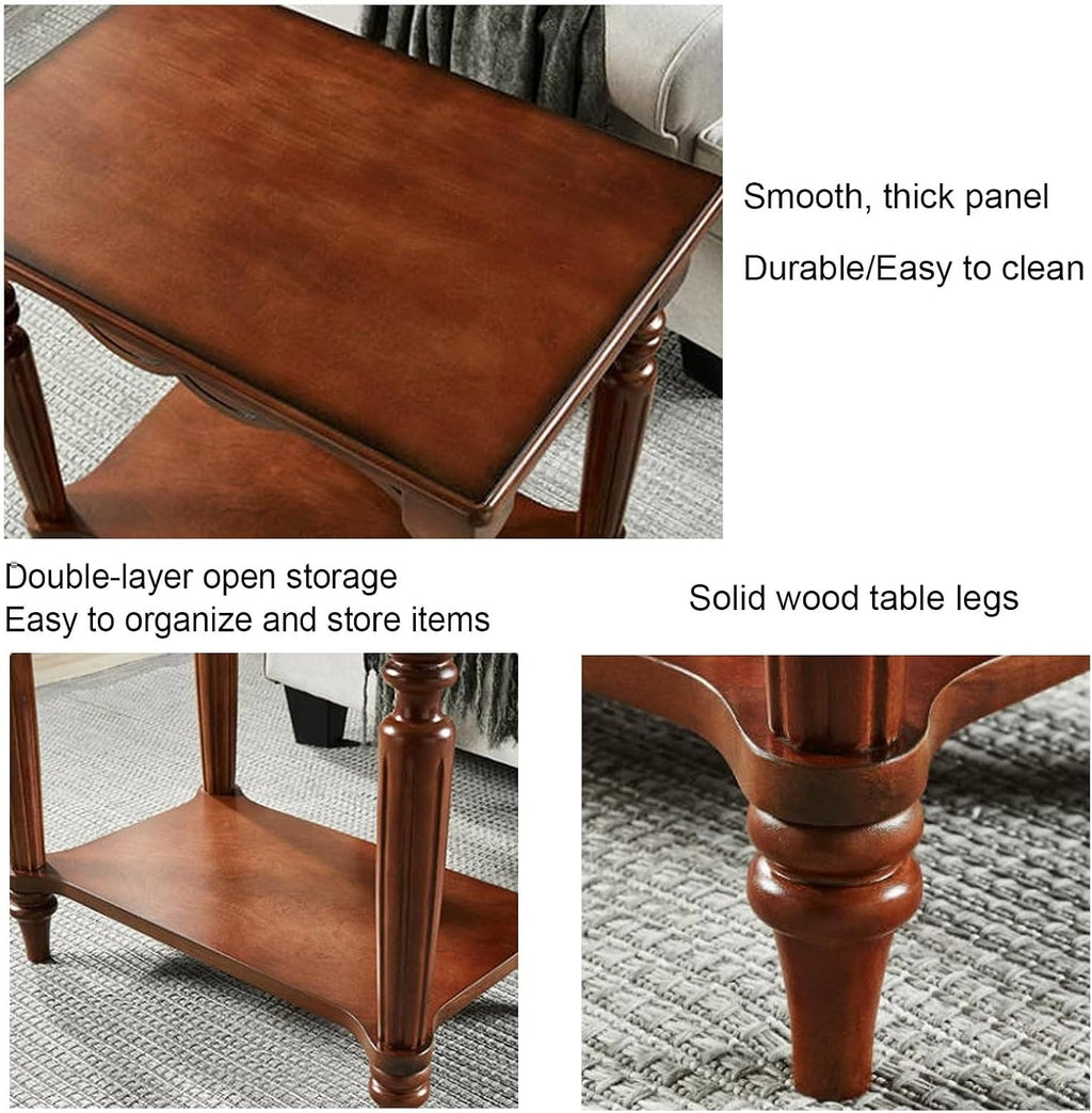 Solid Birch Wood 2-Tier End Table, Classic European Rectangle Side Table with Turned Legs & Carved Details, Accent Nightstand for Living Room Bedroom Furniture, Cherry Brown