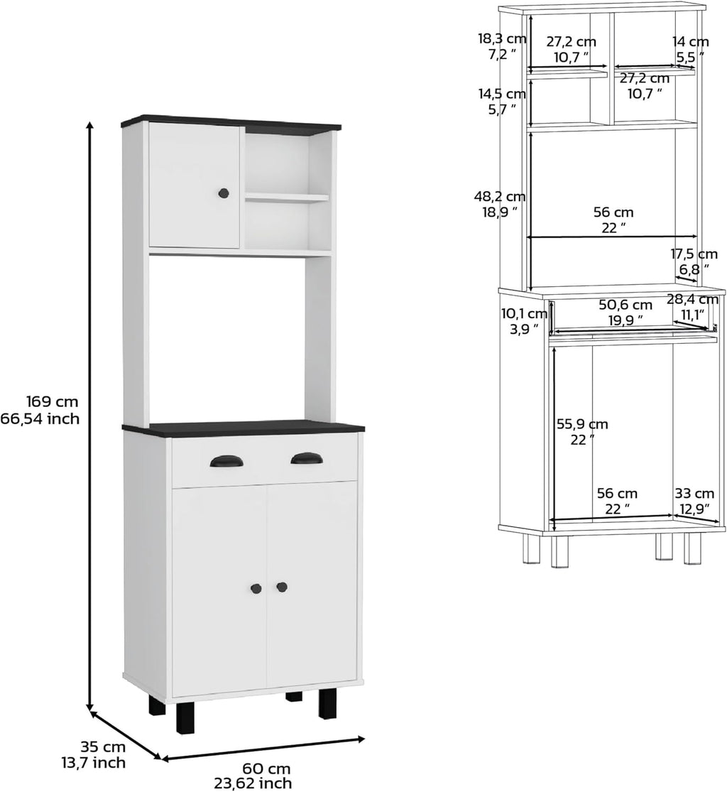 Modern Farmhouse Kitchen Pantry - White/Black Storage Cabinet with 3 Doors & Drawers | Space-Saving for Small Kitchens