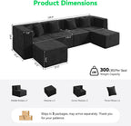 MONVANE 130'' Oversized Boneless Sectional Couches for Living Room, 6-Seat U Shaped Cloud Couch, Modular Sofa with Ottoman & 6 Throw Pillows, Comfy Chenille, No Assembly Required, Black