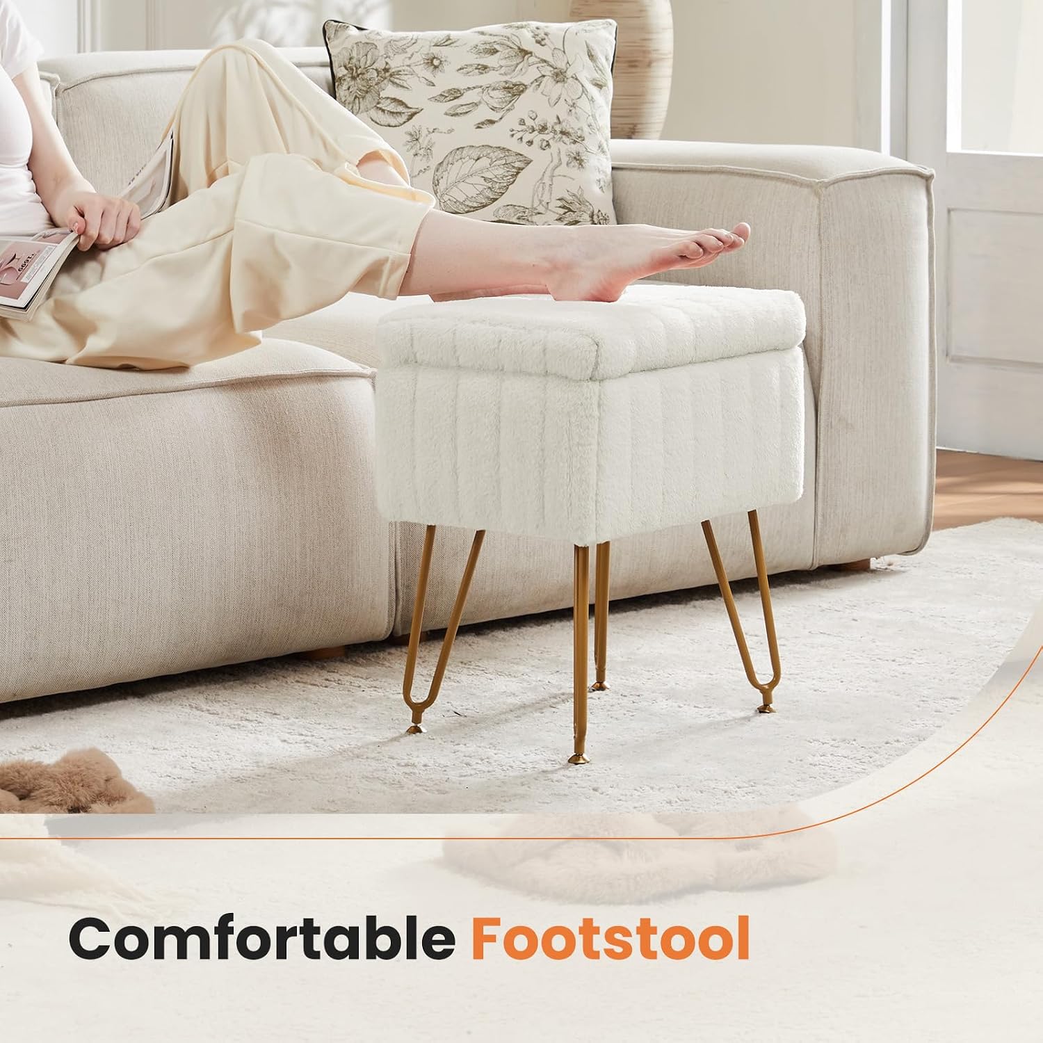 OLIXIS Vanity Stool Chair Faux Fur with Storage, Soft Ottoman 4 Metal Legs with Anti-Slip Feet, Makeup Cute Soft Small Footstool, Modern Style Faux Fur Seat for Makeup, Bedroom Dresser, Ivory