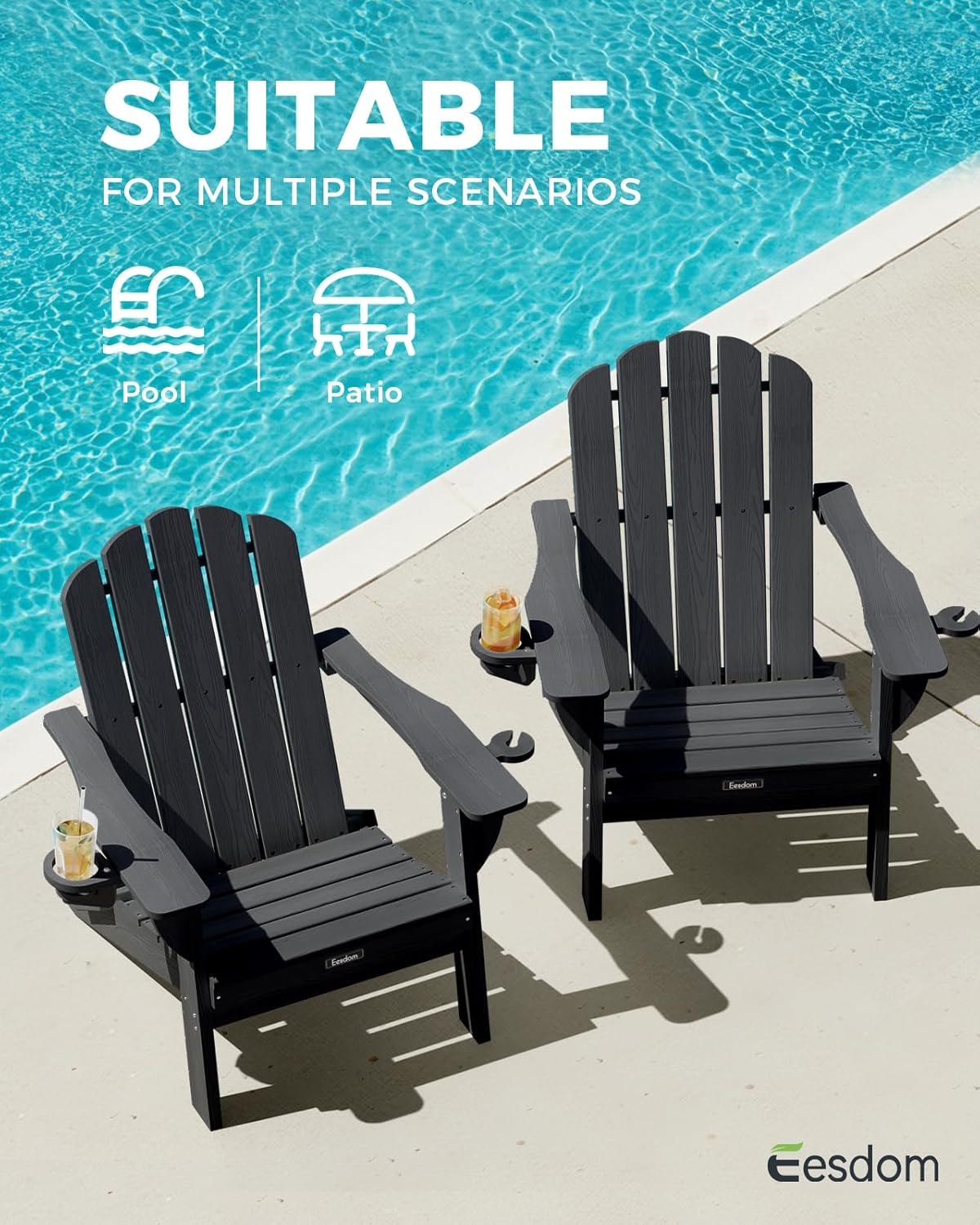 Folding Adirondack Chair, All-Weather HDPE Plastic Patio Chair with 2 Cup Holders, Wooden Textured Lawn Chair, Perfect for Fire Pit,Black