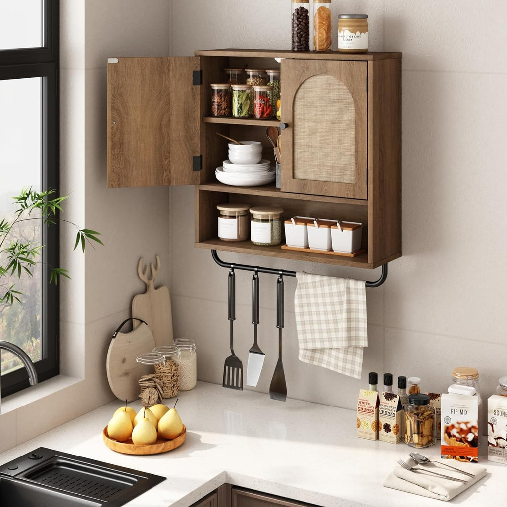 RUSTOWN Rattan Bathroom Wall Cabinet, Boho Medicine Cabinet with 2 Arched Doors, Farmhouse Over the Toilet Storage Cabinets with Adjustable Shelves & Towel Bar, 3-Tier Wall Mounted Cabinets