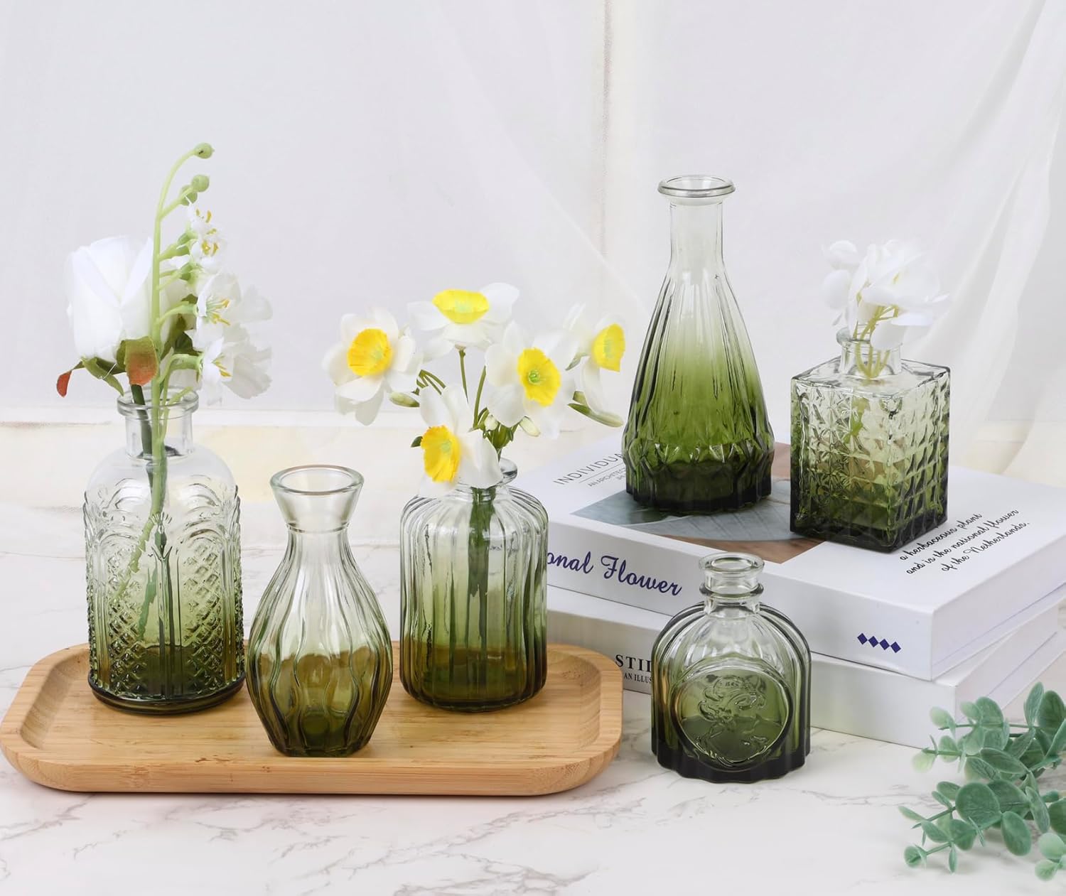 18pcs Green Glass Bud Vase Set, Small Flower Vases for Centerpieces in Bulk, Mini Vintage Vase for Home, Wedding, Table Decor