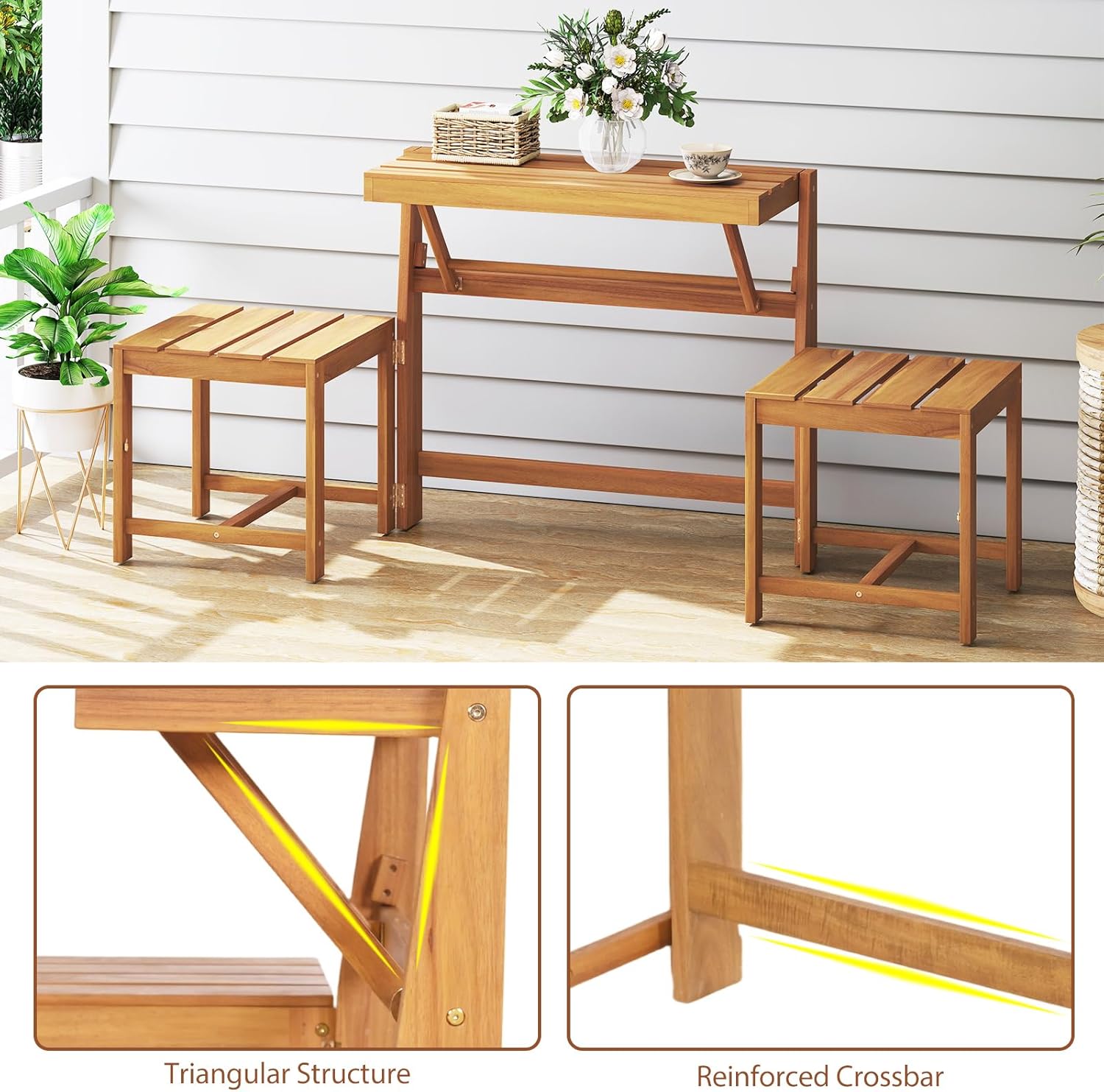HAPPYGRILL 3-in-1 Acacia Wood Outdoor Dining Table Bench Set, with 2 Built-in Chairs, Plant Stand, Patio Bench Table for Backyard Garden