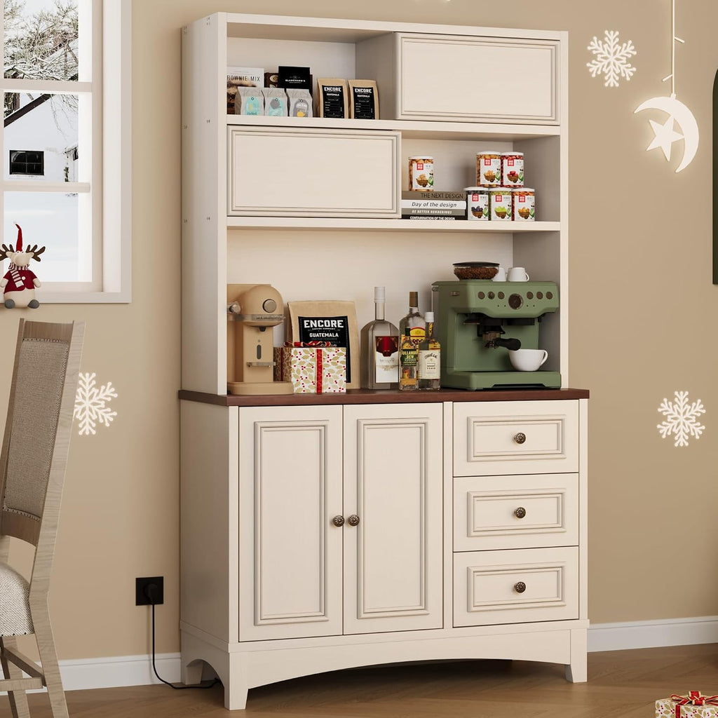 BOSHIRO 71" Antique White Pantry Cabinet with Charging Station, 4-Type Storage & Anti-Tip Design, Farmhouse Kitchen Cabinet with Adjustable Shelves