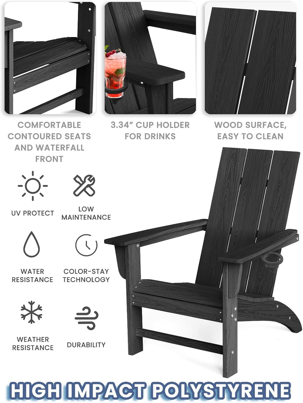 Modern Adirondack Chair with Cup Holder, HDPE Plastic Patio Chairs for All Weather, Fire Pit Chair, Outdoor Lawn Chairs for Deck, Porch, Backyard, Garden, Black