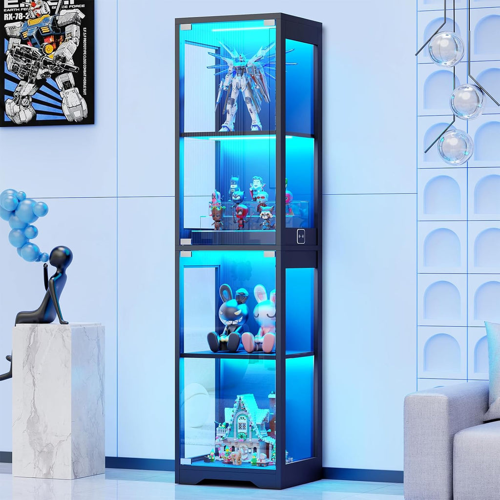 Glass Display Cabinet 4-Tier Curio Cabinet with 3-Color LED Lights, Human Body Sensor, Glass Door, Storage Bookcase for Collectibles, Black