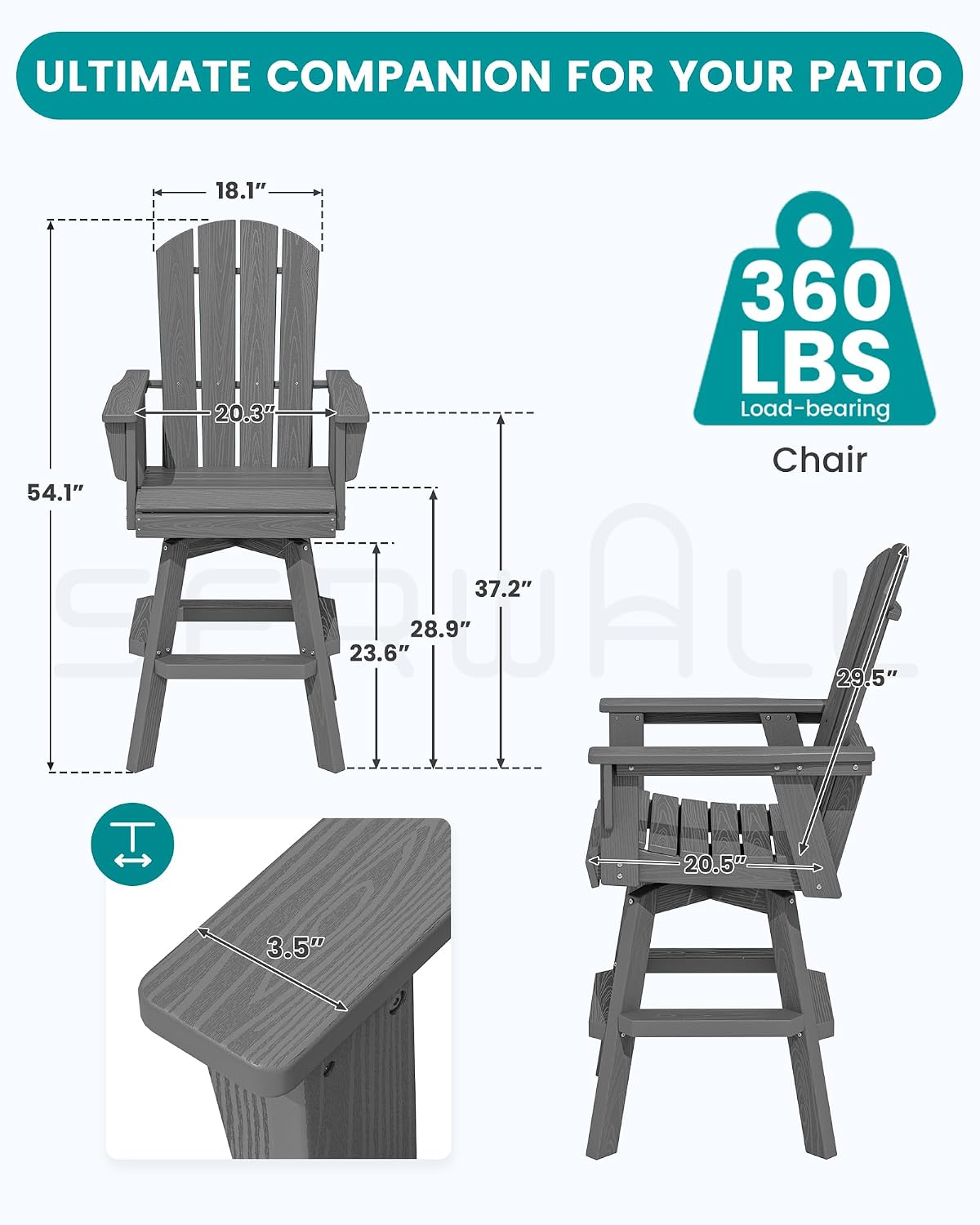 SERWALL Swivel Adirondack Barstools Set of 2, HDPE Outdoor Swivel Bar Chairs Set of 2 for Patio, Poolside, Garden, Grey