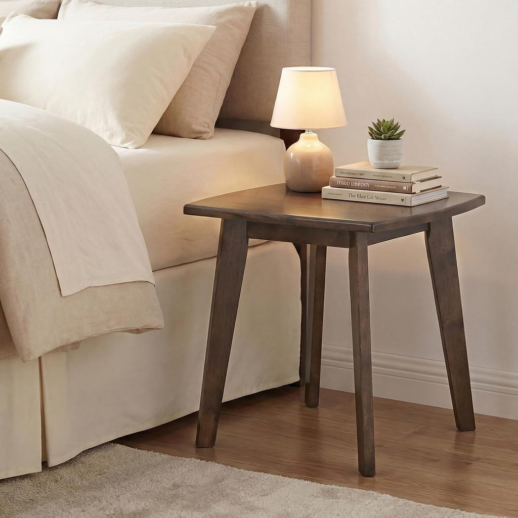 GOFLAME Solid Wood End Table, 17” Square Sofa Side Table with Storage, Thickened Top & Legs, Curved Edges, Retro, Rubber Wood Mid-Century Modern Nightstand for Living Room, Bedroom, Walnut (1)