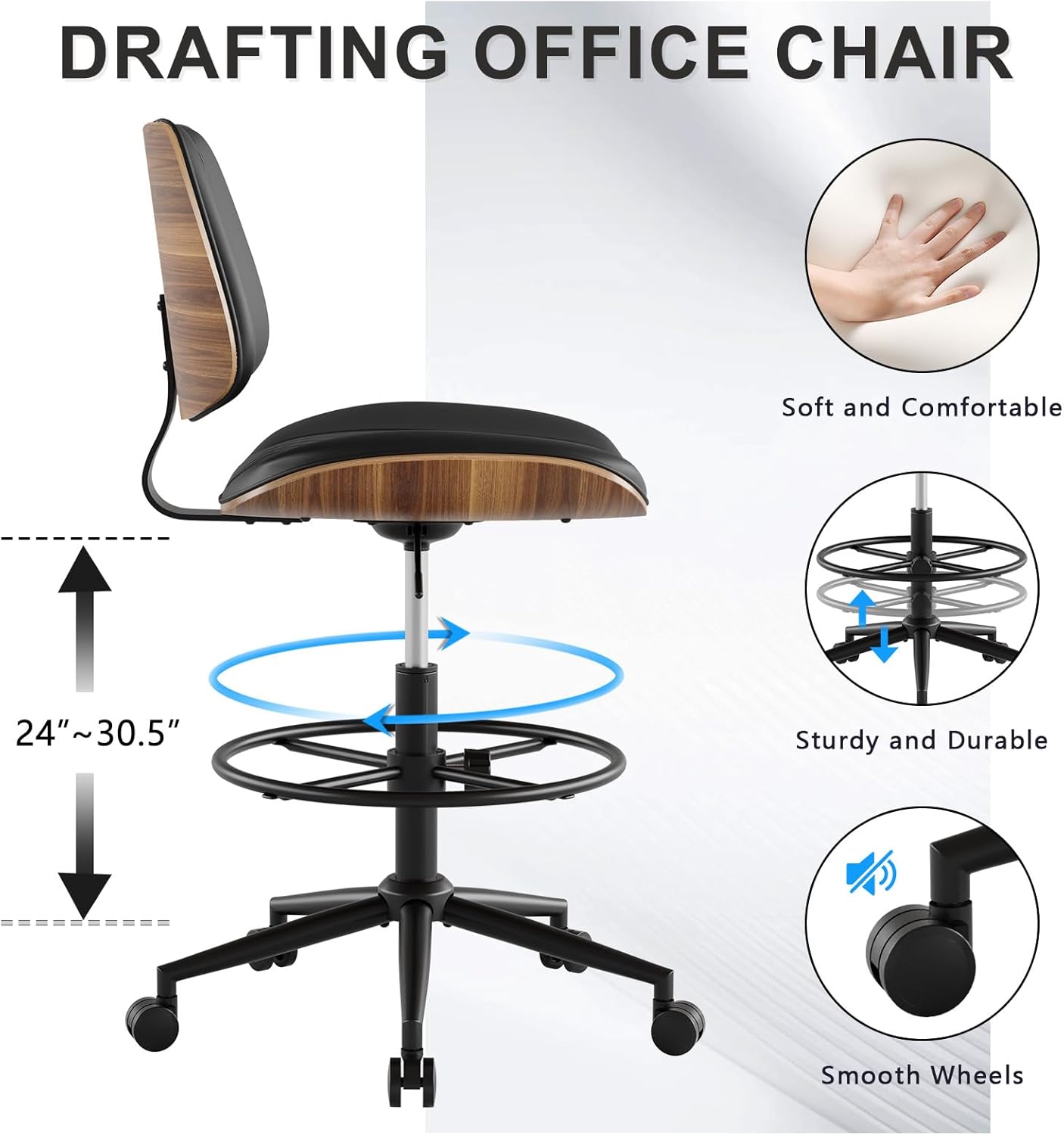 Drafting Chair with Adjustable Footrest, Armless Modern Tall Office Chair for Standing Desk, PU Leather Swivel Stool in Curved Bentwood Style, Ergonomic Rolling Walnut Chair for Office(Black)