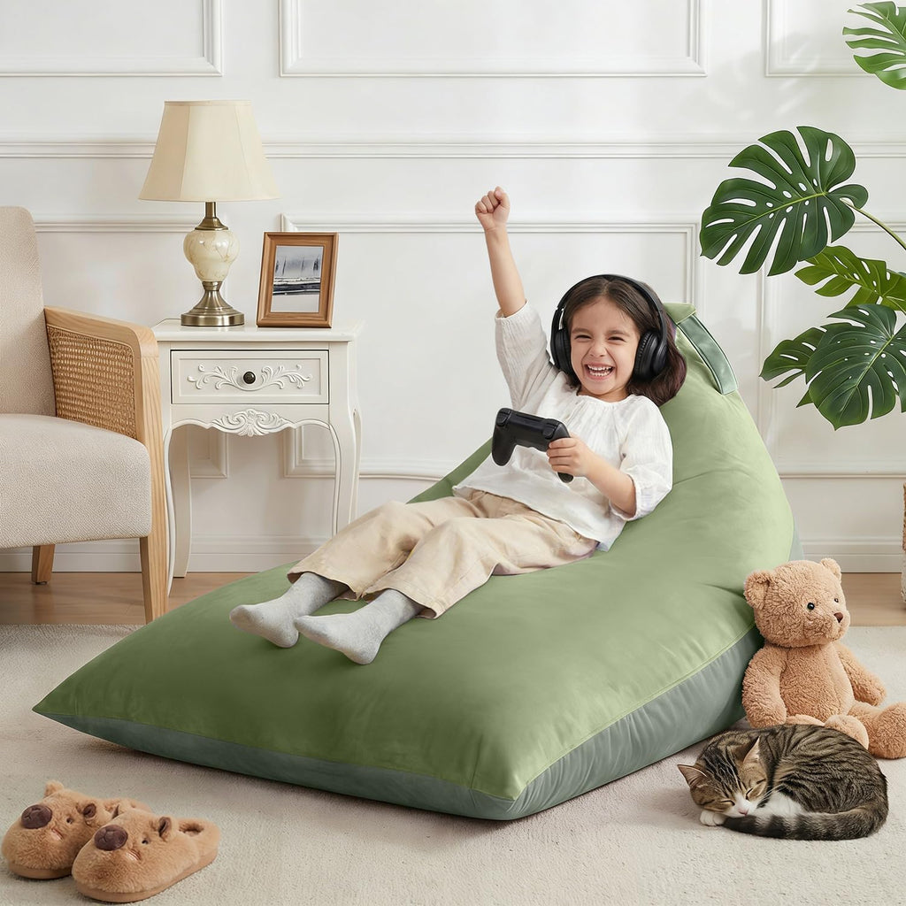 Stuffed Animal Storage Bean Bag Chair Cover for Kids (No Filler), 250L Extra Large Premium Velvet Lazy Sofa Cover, Washable Ultra Soft Triangular Bean Bag Chair Cover(Green)